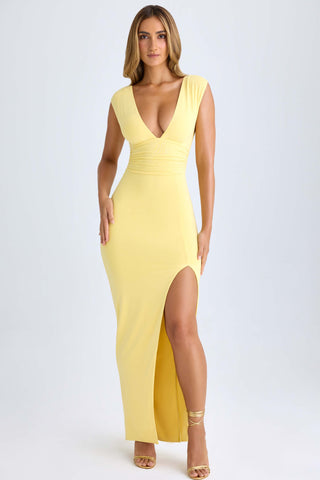 High Split Plunge Neck Maxi Dress in Lemon Sherbet