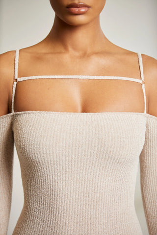 Cold Shoulder Long Sleeve Mini Dress in Praline