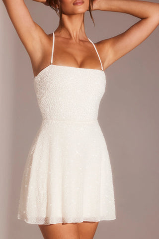 Embellished Multi Wear A-Line Mini Dress in White