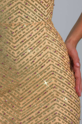 Embellished Cowl-Neck Maxi Dress in Gold