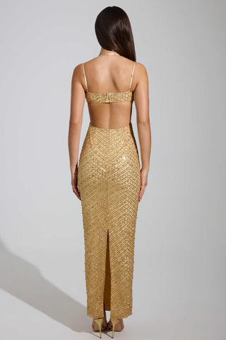 Embellished Cowl-Neck Maxi Dress in Gold
