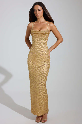 Embellished Cowl-Neck Maxi Dress in Gold