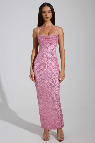 Embellished Cowl-Neck Maxi Dress in Pink