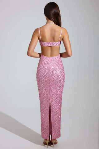 Embellished Cowl-Neck Maxi Dress in Pink