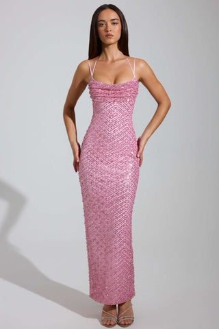 Embellished Cowl-Neck Maxi Dress in Pink