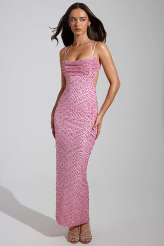 Embellished Cowl-Neck Maxi Dress in Pink