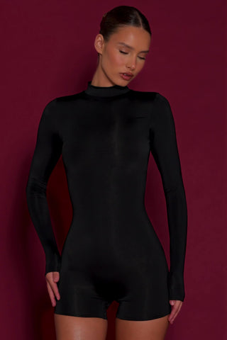 Slinky Jersey Long-Sleeve Playsuit in Black