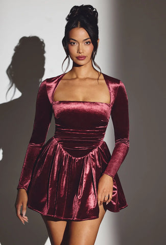 Velvet Long Sleeve Corset Mini Dress in Wine