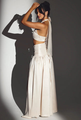 Woven Twill Voluminous Maxi Skirt in Ivory