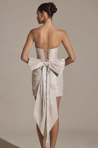 Bow-Detail Strapless Mini Dress in Ivory