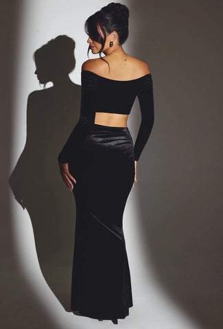 Velvet Off-Shoulder Ruched Crop Top in Jet Black