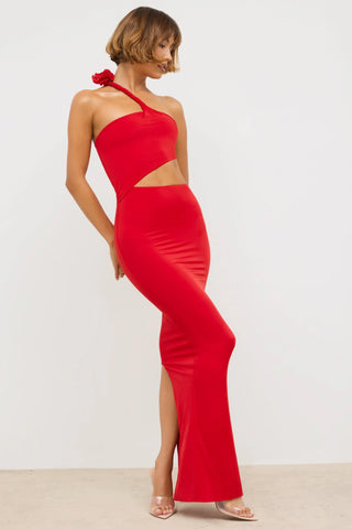 Premium Jersey Asymmetric Cut Out Maxi Dress  in Scarlet Red