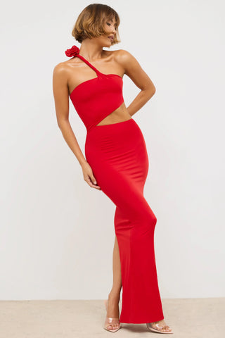 Premium Jersey Asymmetric Cut Out Maxi Dress  in Scarlet Red