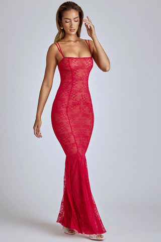 Sheer Lace Fishtail Gown in Cherry Red