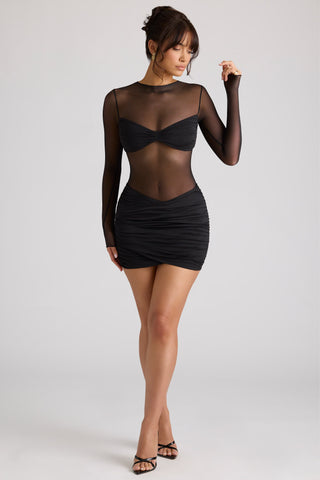 Sheer Panelled Long Sleeve Mini Dress in Black