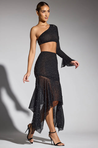 Embellished Handkerchief Hem Skirt in Black