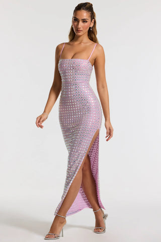Embellished Square Neck Evening Gown in Lilac