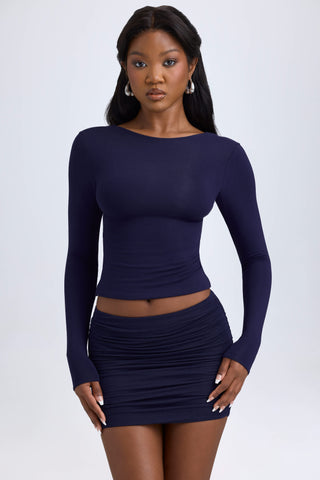 Modal High Neck Long Sleeve Open Back Top in True Navy