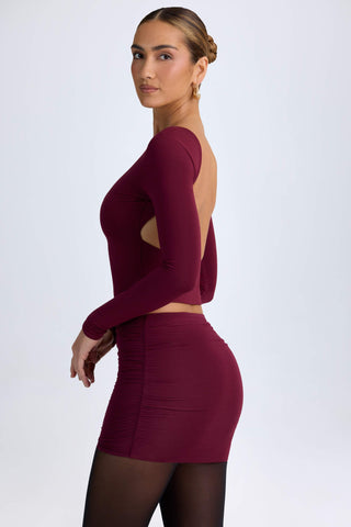Modal High Neck Long Sleeve Open Back Top in Wine Red