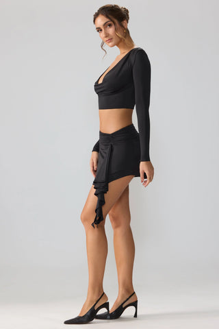 Slinky Jersey Mid Rise Ruffle Layer Mini Skirt in Black