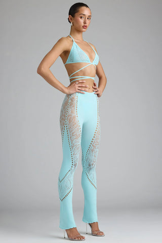Petite Embellished Mid-Rise Flared Trousers in Ice Blue
