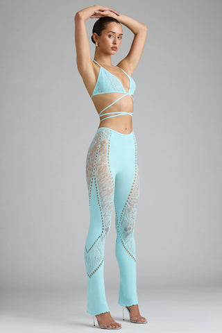 Petite Embellished Mid-Rise Flared Trousers in Ice Blue