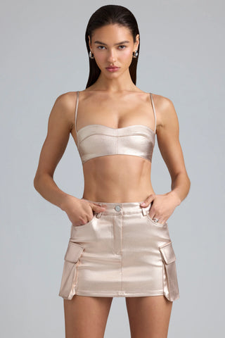 Metallic Denim Mid-Rise Cargo Mini Skirt in Champagne