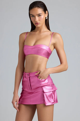 Metallic Denim Mid-Rise Cargo Mini Skirt in Deep Pink