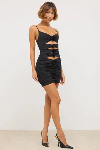 Slinky Jersey Rose Detail Cut Out Mini Dress in Black