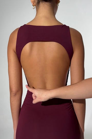 Modal High-Neck Open-Back Mini Dress in Plum