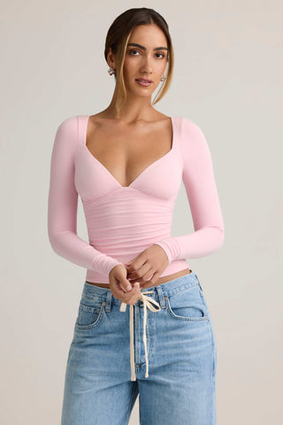 Modal Ruched Long-Sleeve Top in Baby Pink