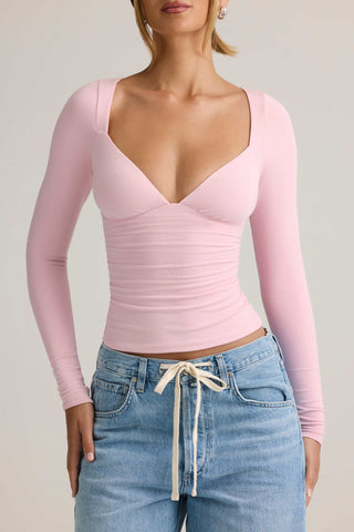 Modal Ruched Long-Sleeve Top in Baby Pink