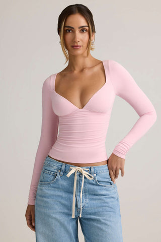 Modal Ruched Long-Sleeve Top in Baby Pink