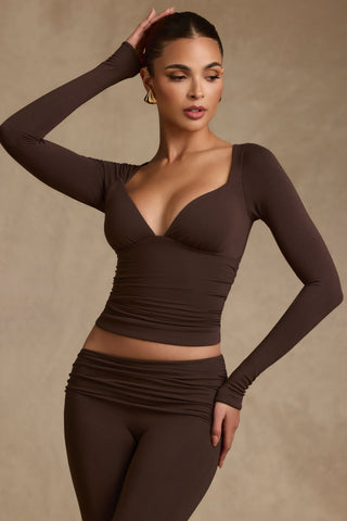 Modal Ruched Long-Sleeve Top in Chocolate Brown