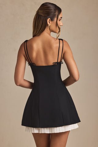 Bow-Detail Pleated A-Line Mini Dress in Black