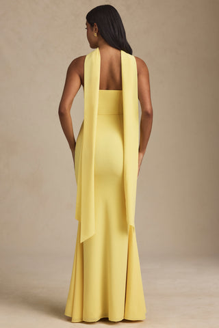Scarf-Detail Strapless Gown in Pastel Yellow