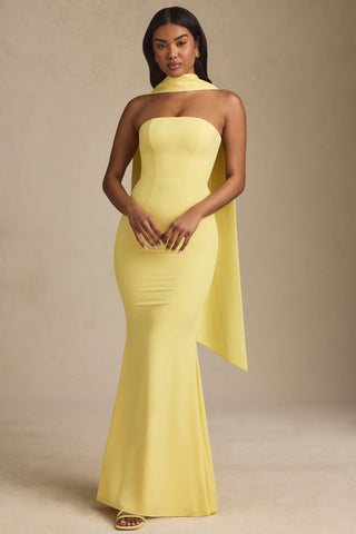 Scarf-Detail Strapless Gown in Pastel Yellow