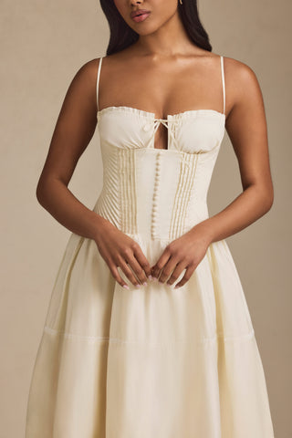 Lace-Trim Pintucked Poplin Midaxi Dress in Ivory