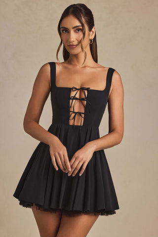 Tie-Detail A-Line Micro Mini Dress in Black