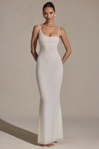 Embellished Backless Maxi Dress in White