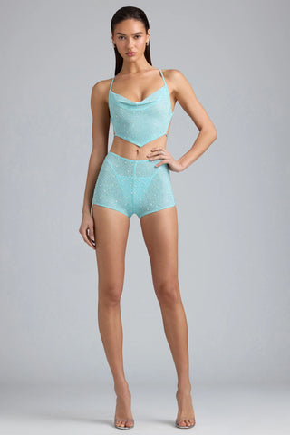 Embellished Mid-Rise Hot Pant Shorts in Ice Blue