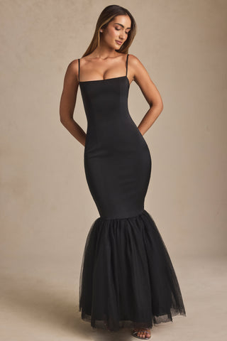 Tulle Hem Fishtail Gown in Black