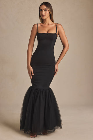 Tulle Hem Fishtail Gown in Black