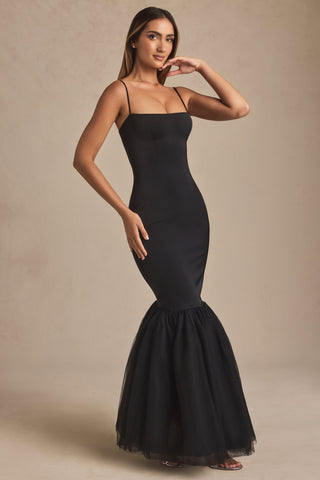 Tulle Hem Fishtail Gown in Black