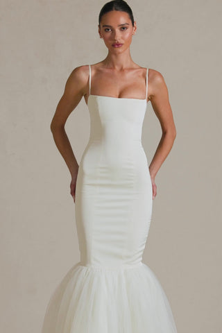Tulle Hem Fishtail Gown in Ivory