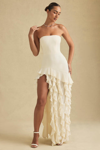 Ruffle-Trim Strapless Gown in Ivory