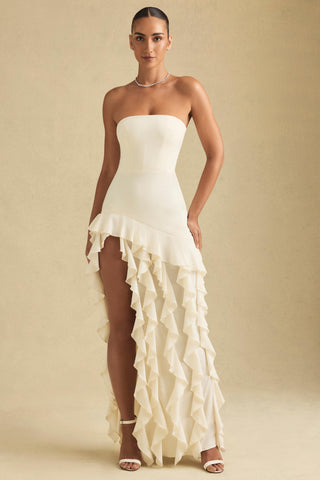 Ruffle-Trim Strapless Gown in Ivory