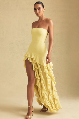 Ruffle-Trim Strapless Gown in Pastel Yellow