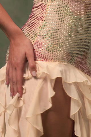 Embellished Ruffle-Trim Strapless Gown in Rose Hotfix