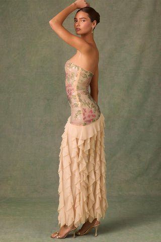 Embellished Ruffle-Trim Strapless Gown in Rose Hotfix